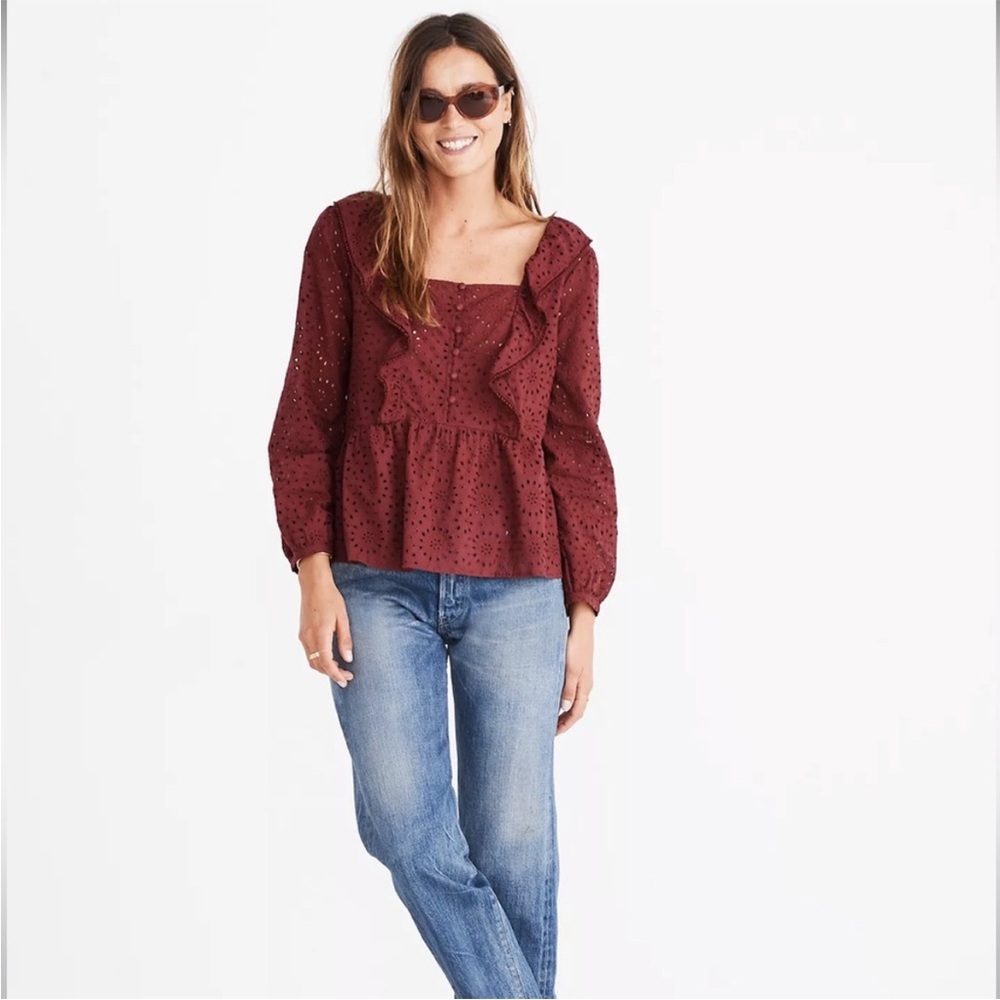 NWT Made-well Eyelet Pom-Pom Top Ruffle Peplum K0215 size S Bordeaux/Burgundy